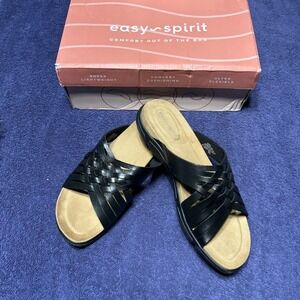 NIB Easy Spirit Women's Shoes ‎ Black Leather Meadow Slip-On Sandals 8.5 M $39